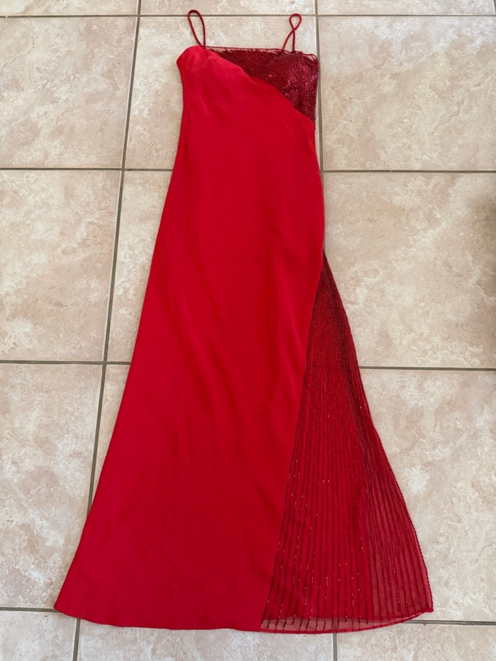 Red Sequin Accent Maxi Slip Dress